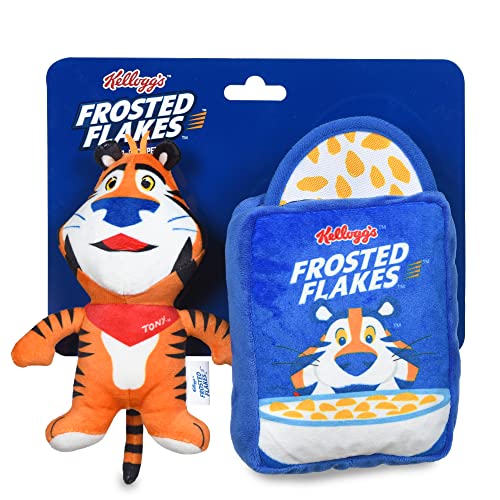 Kellogg for Pets Kellogg’s Frosted Flakes and Tony The Tiger 3pc Plush Squeak Toy Dogs with Removable Cereal | Officially Licensed Kellogg’s Pet Products | Food Themed Dog Puzzle Toys