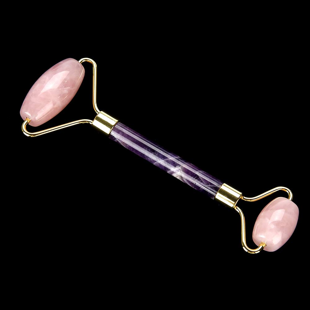 Pongnas Jade Roller Massage Premium Dwustronny Masażer do Twarzy do Usuwania Zmarszczek i Odmładzania Skóry Biały Ametyst (Końcówka z kwarcu różowego + pręt ametystowy)