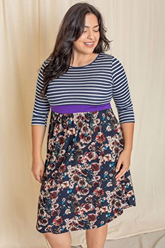 Image of Eloges Women's 3 /4 Sleeve Contrast Waist Band Floral Curved Hem Midi Dress