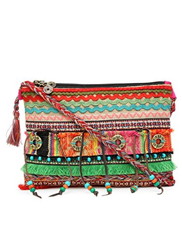 Image of The House of tara Cross Body Sling Bag with Embellishments and Tassels /Trims | Internal Zip Pocket | Jute Crossbody Bag in Multi Colour with Zip Closure | Handmade.