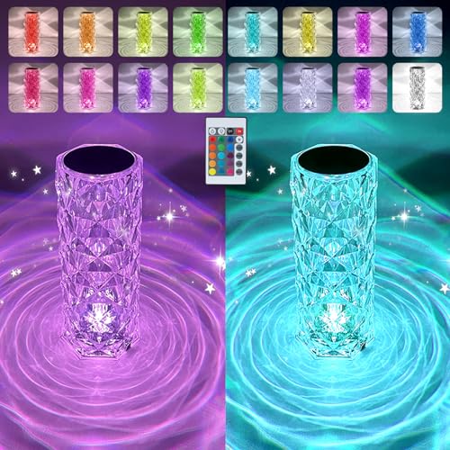 2 Pack Crystal Table Lamp Remote and Touch Control Rose Wave Lamp RGB Color Changing Night Light Dimmable USB Rechargeable Decoration Ambient Lighting for Dinner/Bars/Game Room/Living Room/Bedroom