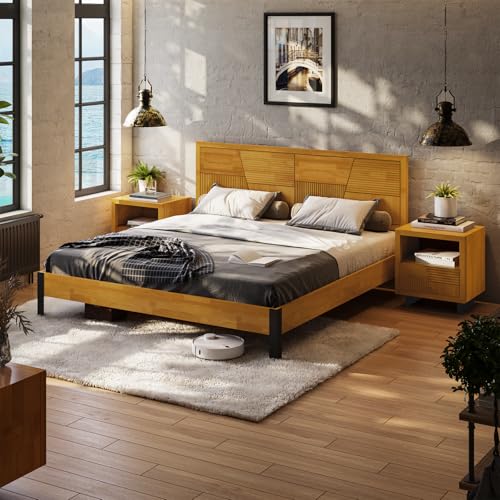 Image of Bme Trapeze King Bed Frame - Modern Solid Wood Bed with Smooth Pattern Headboard, Black Metal Legs, Teak Brown Finish - Durable King Size Platform Bed for Contemporary Bedrooms