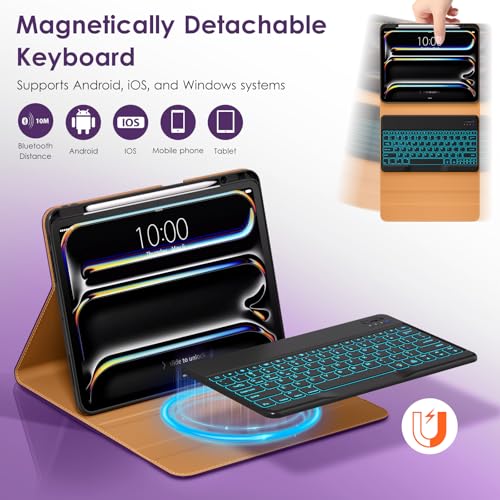 Image of DTTO for iPad Pro 13 Inch Case with Keyboard M5 /M4 2025 /2024, 7 Colors Backlit Wireless Detachable Keyboard Premium Leather Folio Cover with Pencil Holder & Pocket, Dark Purple