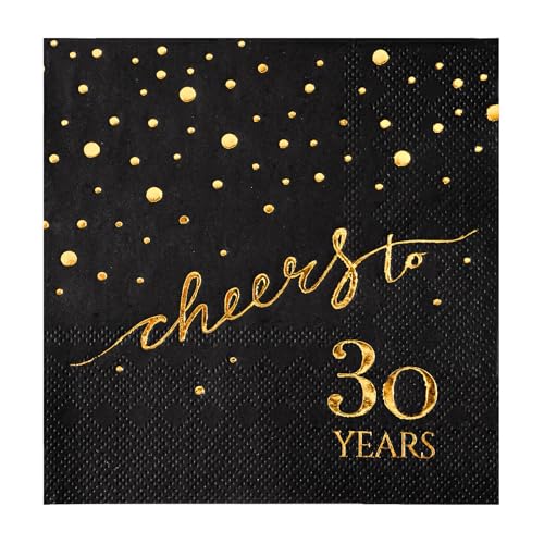 100 Pack of 30th Birthday Napkins, Cheers to 30 Cocktail 5x5 Inches Party Paper Napkins for Birthday Decorations Wedding Anniversary Black and Gold, 3-Ply