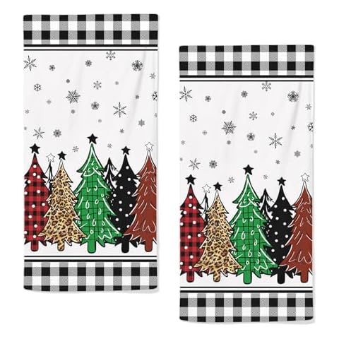 qiuhuang Christmas Hand Towels for Bathroom Highly Absorbent Buffalo Plaid Christmas Tree Bath Towels Set of 2 Holiday Snowflakes Winter Kitchen Towels for Gym Hotel Xmas Gifts 28.7x13.7 Inch Cover
