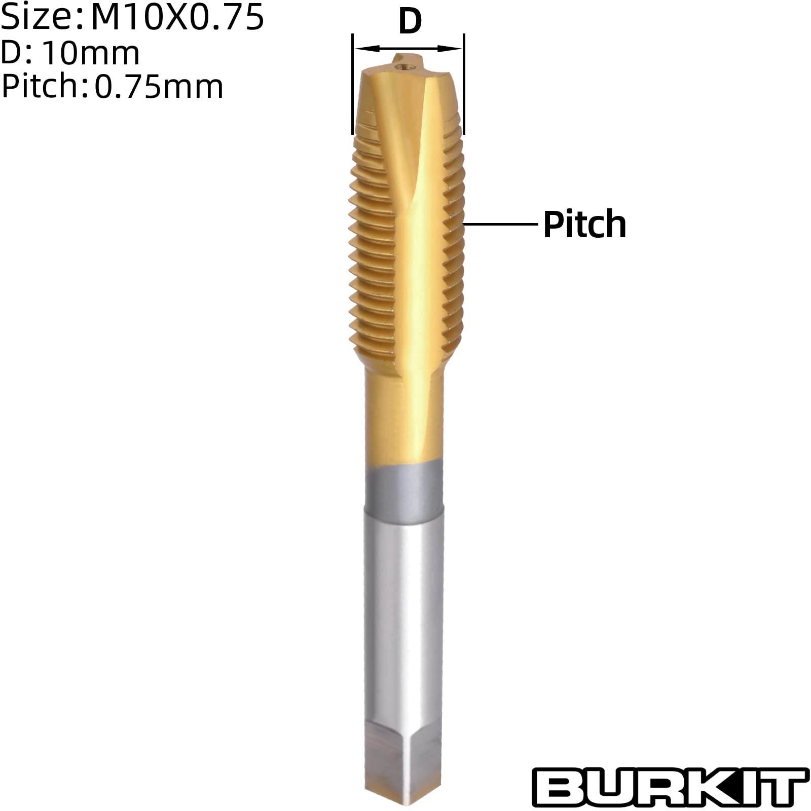 Burkit M10 X 0.75 - Maschio a punta a spirale, rivestimento in titanio HSS, filettatura a spirale, M10 x 0,75