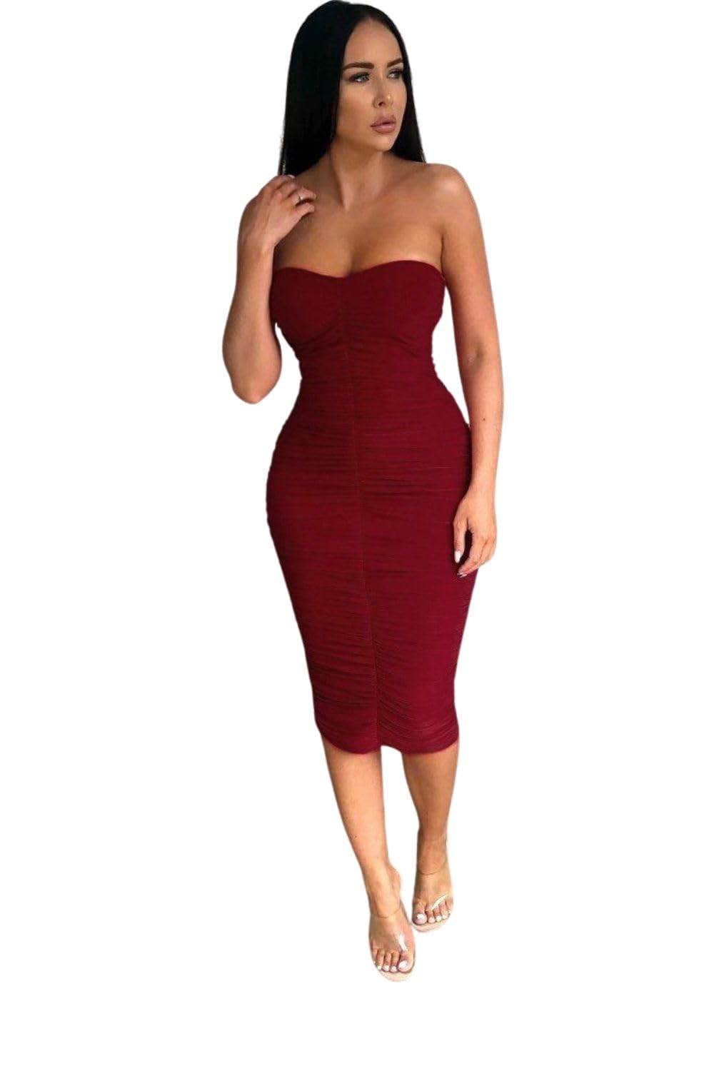 Femme Luxe Ruched Strapless Bodycon Midi Dress - Vita - Wine - 10