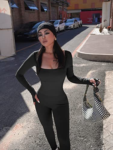 Oqq Women's Yoga Ribbed One Piece Jumpsuits Ribbed Workout Rompers Long Sleeve Exercise Jumpsuits Black #TOP5