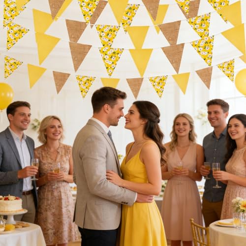 Image of Zwiebeco 39Ft Yellow Daisy Flowers Fabric Pennant Banner Vintage Burlap Triangle Flag Retro Bunting Party Decoration for Birthday Engagement Wedding Bridal Baby Shower Rustic Village Home Garden Decor