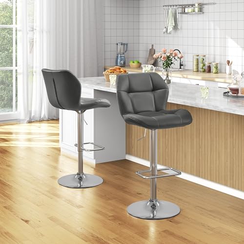 Yaheetech Bar Stools Set of 2, PU Leather Breakfast Bar Chairs, Swivel Height Adjustable Barstools, Counter Stools with Backrest for Home Kitchen Bar Restaurant, Grey - Image 3