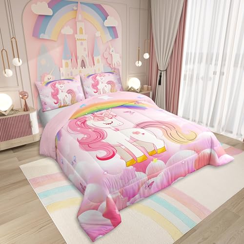 Image of Erosebridal Unicorn Girls Bedding Set - Queen Size Cute Rainbow Comforter Set Kids Cartoon Kawaii Cute Duvet Set Pink Unicorn Quilt Stars Fantasy Girls Room Decor Teens Children Reversible