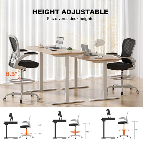 Image of Synorla Ergonomic Drafting Chair, Tall Mesh Office Chair with Flip-up Armrests, Lumbar Support Adjustable Footrest Ring for Standing Desk Gray Pink