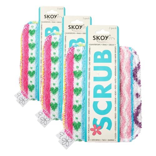 Image of Skoy Scrub, 6-Pack Reusable, Non-Scratching Dish Scrubber for Kitchen and Household Cleaning, Planet-Friendly, Dishwasher Safe Soft Scrub, Assorted Colors and Designs