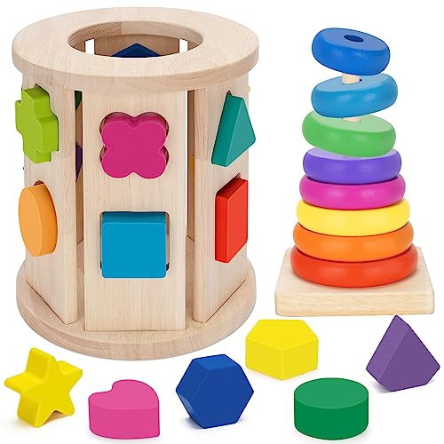 Aigybobo Learning Toys for 1,2,3 Year Old Toddlers, Montessori Toys, Wooden Educational Toys for Baby Boys and Girls 12-18 Months, Stacker Toy, Kids Birthday