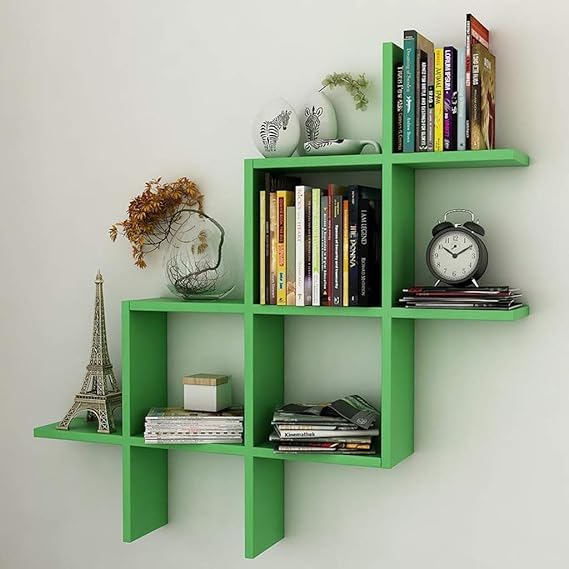 Image of Wooden Wall Shelves for Living Room, Kitchen, Hallway, Bedroom, and Bathroom; Wall Mounted Book Shelf; Wall Shelf for Photos and Decorations; Bend Shelve-Green