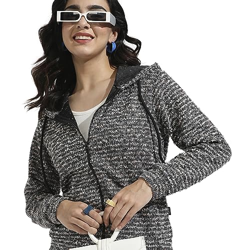 Image of PINACOLADA Women's Grey Zip-Front Horizontal Striped Hoodie for Casual Wear | Hooded Neck | Long Sleeve | Zipper Closure | Cotton Sweatshirt Crafted with Comfort Fit for Everyday Wear