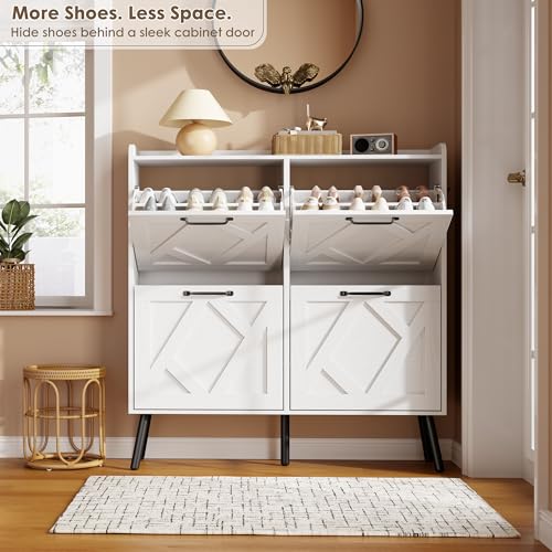 Image of Nicetree Shoe Cabinet with 4 Flip Drawers, Freestanding Shoe Organizer Cabinet with Metal Legs, Farmhouse Slim Shoe Rack Cabinet for Entryway, Foyer, Hallway, White