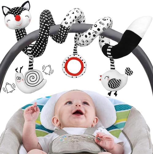Image of Car Seat Toys for Babies 0-6 Months: High Contrast Black and White Newborn Stroller Toy 0-3 Month Infant Crib Carseat Bassinet Spiral Hanging Toys with Sensory Rattle, Baby Boys Girls Shower Gifts