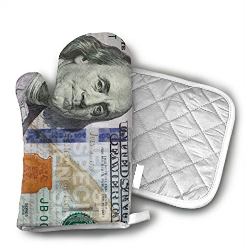 antcreptson New 100 Dollar Bill Non Oven Mitts and Pot Holders Insulated Gloves Kitchen Counter Safe Mats for Cooking BBQ Baking Grilling 2-Piece Set