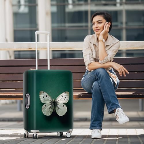 Image of Elegant Green Luggage Cover with White Butterfly Design - Fits 24 to 26 Inch Suitcases - Durable Travel Suitcase Protector,M