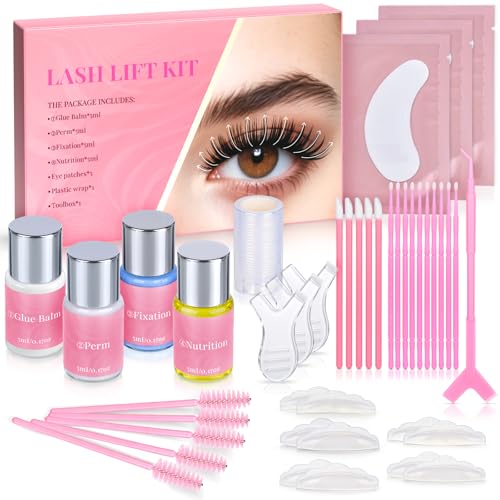 Lash Lift Kit, Eyelash Perm Kit with Glue Balm, Perm, Fixation, Nutrition, Silicone Pads, Y-Shaped Applicator, Professional Home Eyelash Lifting Set for Natural Long-Lasting Curl
