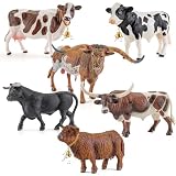 Totsmile 6PCS 6' Large Farm Highland Cows Bulls Texas Longhorn Toys for Toddlers, Solid Plastic Farm Animals Figurines Herd of Cattle Barn Toy for Kids, Cake Decoration Birthday Gifts Party Favors