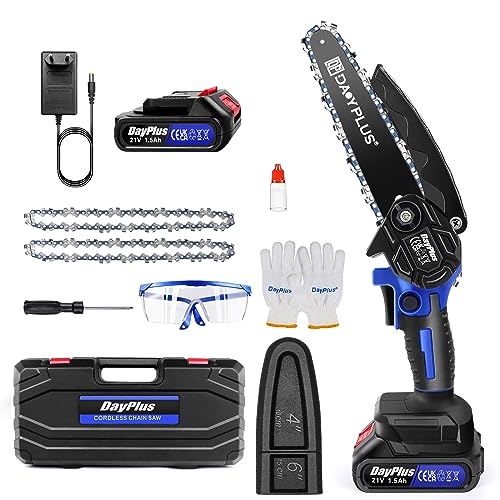 Mini Tronçonneuse 6 Pouces, Électrique Sans Fil Brushless avec Batterie 1,5Ah et 2 Chaînes,Tronçonneuse à Une Main Portable avec Verrouillage de Sécurité Pour Couper le Arbres en Bois