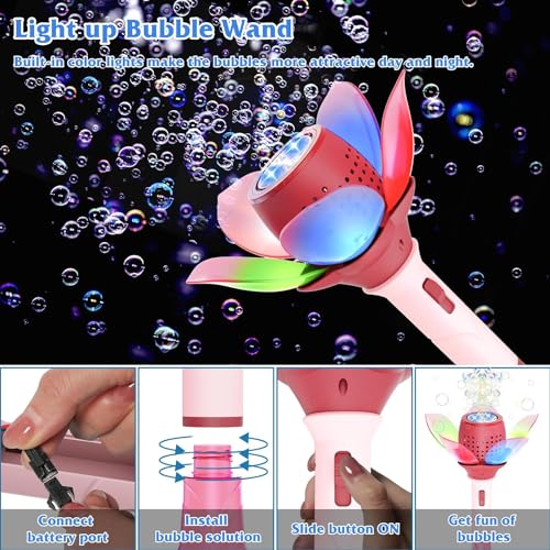 Bombble Elektrisch Seifenblasenspielzeug, Lotosblume Seifenblasenmaschine Kinder 10000+ Seifenblasen/Min mit 120ML Seifenblasenlösung/AKK/LED für Outdoor/Party/Hochzeit, Bubble (Pink) (Pink)