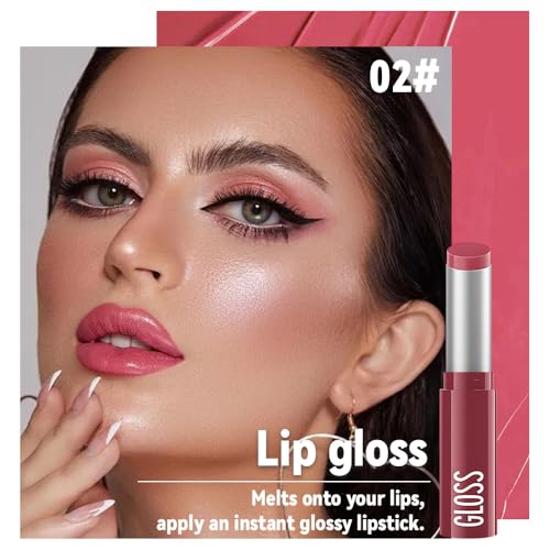 Image of 2Pc Butter Lipstick Tinted Lip Balm, Shine Moisturizing Plumper Lipstick for Women, Natural Nourishing Hydrating Lip Gloss Stain for Dry Lips, Lightweight Lip Liner Care Vegan Makeup, 01 & 02