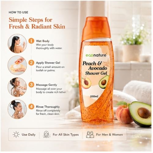 Image of Econature Shower Gel & Body Wash for Men & Women | Peach & Avocado, Mimosa & Neroli Blossom, Blackcurrant & Bearberry Variants | Refreshing & Moisturizing Bath Gel | All Skin Types (Peach & Avocado shower gel)