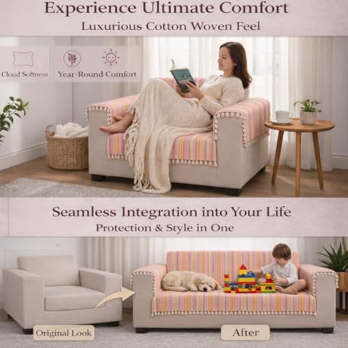 Image of STITCHNEST Woven 2 Seater Sofa Protector with 2 Hand Rest Covers - Pink & White Stripe Design - Washable Fabric with Tassels - Stylish Sofa Cover for Modern Living Room & Furniture Decor