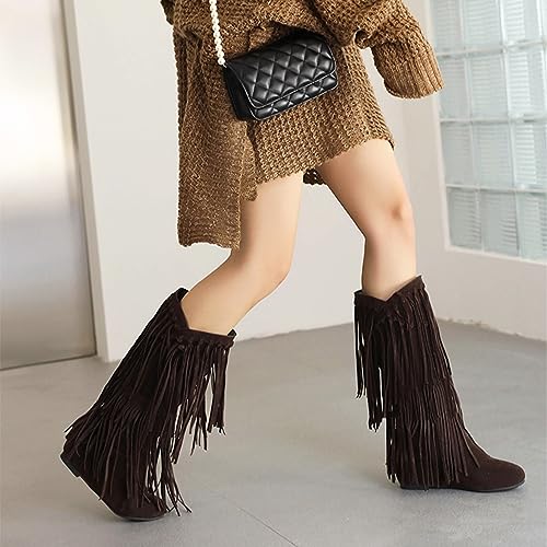 Optigard Women's Suede Plush Fringe Mid Calf Boots,Fashion Round Toe Pull On Retro Knee High Low Heel Dress Cowgirl Boots3