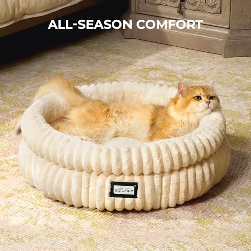 Image of BALANCE Cat Bed Kitten Bed, Washable Round Cat Beds for Indoor Cats,Super Soft Plush Faux Fur Pet Bed for Puppy and Kitten with Anti-Slip Bottom