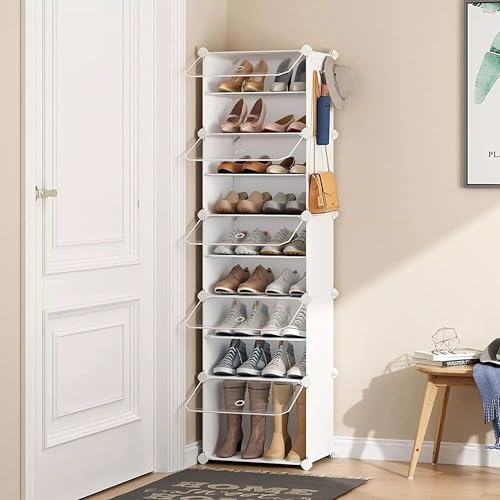 Image of Zemic 10 Shelf DIY Shoe Rack Plastic ^ Multi-Purpose Plastic Shoe Rack for Home Plastic Shelves, PP Plastic Home Shoe Rack with Door for Entryway, Chappal Slipper Shoe Stand (White, 10-Shelf-5-Door)