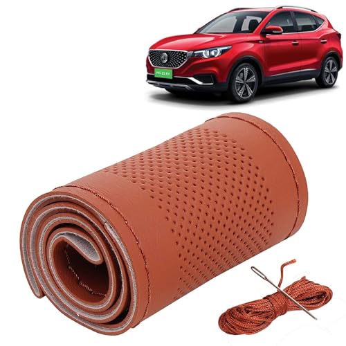 Image of KINGSWAY PU Leatherite Car Steering Cover Sewable Compatible with Morris Garages (MG) ZS EV (Year 2020 Onwards), Tan Color with Tan Thread, Pack of 1 with Sewing Needle and Thread