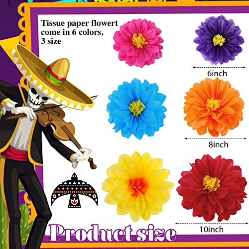 Geyee 108 Pcs Mexican Paper Flowers Colorful Fiesta Tissue Paper Flowers Pom Poms Mexican Carnival for Floral Party Backdrop Wedding Birthday Party Craft (6\" 8\" 10\")