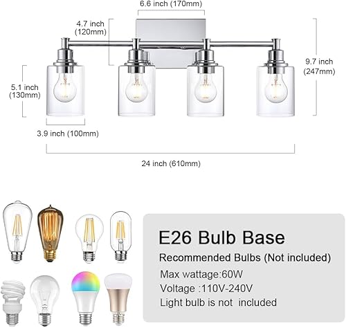 Miniatura 3 de 4 luces de tocador de baño, modernas lámparas de pared cromadas con pantallas de vidrio transparente, accesorios industriales de tocador para cocina