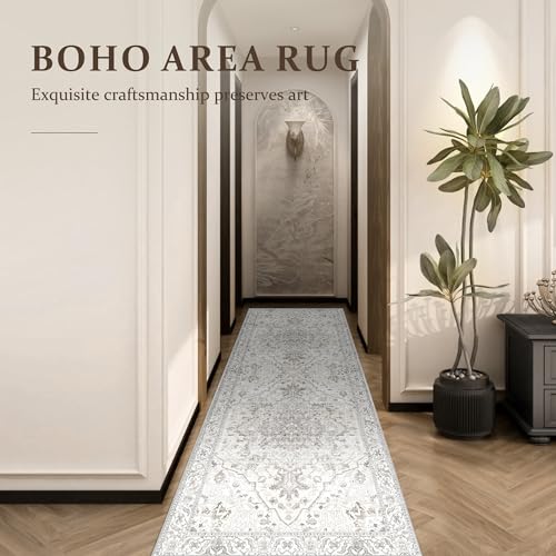 Deerly Runner Rug 3x8 Washable Vintage Area Rugs for Hallway Bohemian Non-Slip Low-Pile Floor Carpet for Kitchen Bathroom Bedroom Dining Room, Beige/Multi