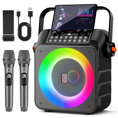 HWWR Karaoke Profesional Inalámbricos, Máquina de Karaoke Portátil con Micrófonos Inalámbricos para Adultos y Niños, Luces LED,USB/TF/AUX/Rec, Karaoke Compatible con Android/iPad/TV/PC