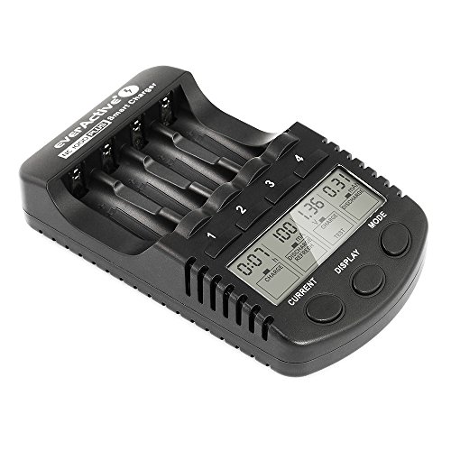 everActive Ladegerät für 4 Akkus AAA AA, professionell und schnell, LCD Anzeige, Kapazitätstest, KFZ Adapter, Modell: NC-1000 Plus, schwarz, NC1000Plus