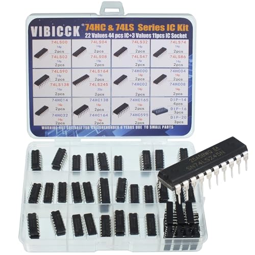 VIBICCK 55Pcs 22 Types 74HC and 74LS Series Logic IC Assortment Kit & IC Socket, Logic IC Series Shift Output Registers、Transceiver、Decade Counters、Multiplexer/Decoders、Hex Inverters IC chip