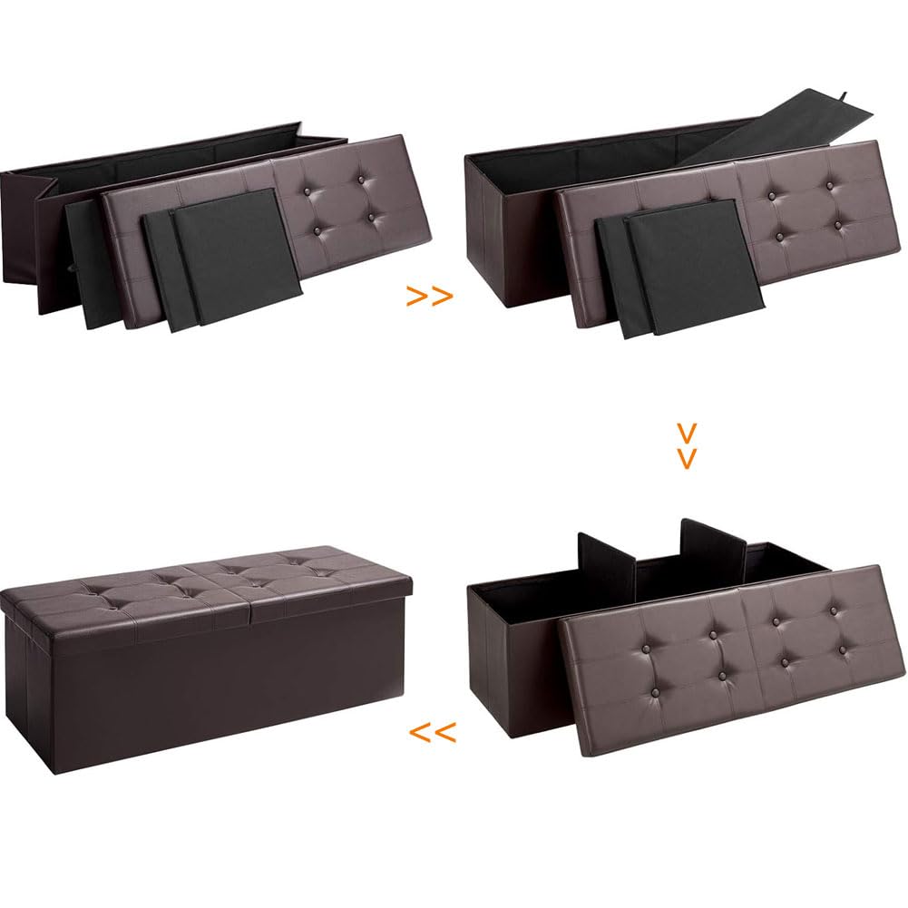BAKAJI Baúl otomano, contenedor, reposapiés, para Dormitorio, Banco, Taburete, Estructura Plegable, Revestimiento de Piel sintética, Asiento extraíble Acolchado, tamaño 38 x 115 cm (marrón)