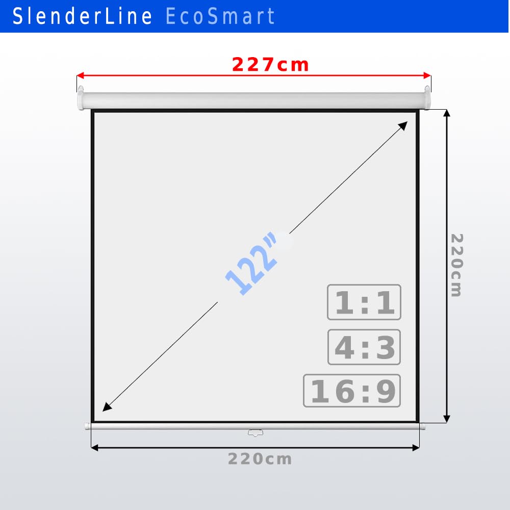 SlenderLine EcoSmart – Écran de Projection Manuel déroulant 220 x 220 cm | 122 Pouces | Largeur Totale: 227cm | Optimal pour projecteurs Smart et Mini | Home cinéma | Montage Plafond ou Mur