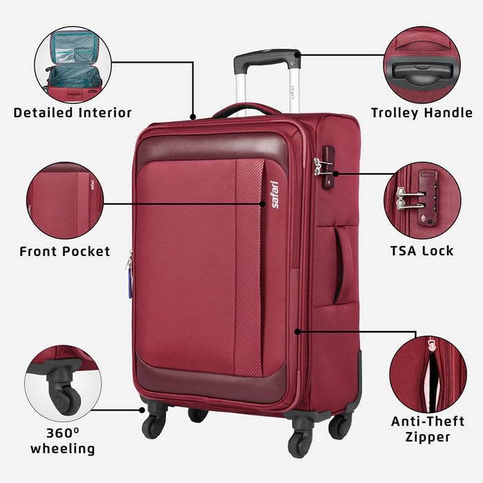 Image of Safari Polyester Slant Pro Soft-Sided Polyester 5 Years Warranty 8 Wheel Luggage Set Of 3 8 Spinner Wheels Trolley Bags (59 CM, 71 CM & 81 CM) (Red), S,M & L