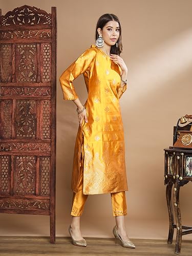 Image of VredeVogel Women's Cotton Silk Jacquard, Banarasi Silk Kurta Pant With Dupatta Set