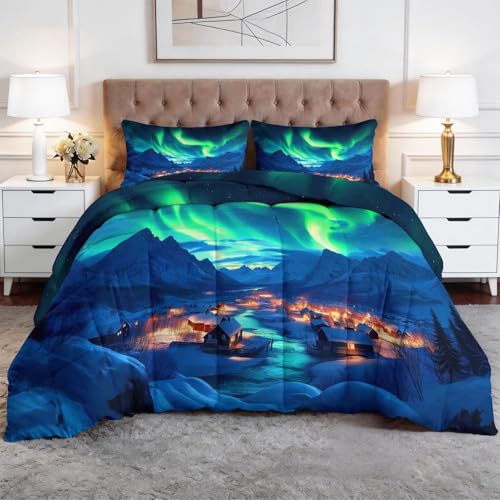Edredón Nórdico 4 Estaciones Naturales Cielo Nocturno Aurora Boreal Todo en Uno Microfibra Premium y Acolchado en Diamante – Transpirable, Lavable y Suave 180 x 220 cm Set de Ropa de Cama, Azul