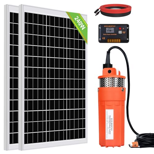 DCHOUSE Juego de bombas solares de 240 W, bomba de pozo de 24 V + 2 paneles solares de 120 W + controlador para riego independiente de la red y agua de ganado – Entrega en 2 paquetes