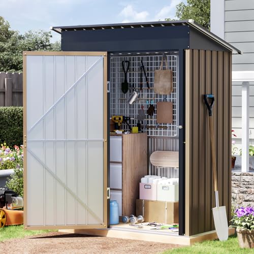 Image of 3x5 FT Outdoor Metal Storage Shed with Floor Frame, Single Door, 1 Clear Window, Tool Shed for Garden, Patio, Backyard Brown