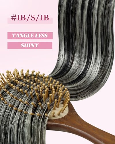 Image of YoungSee Micro Loop Hair Extensions Real Human Hair Ombre Microlink Hair Extensions Balayage Black with Silver Microbead Hair Extension Human Hair Straight 24 Inch for Prom 57g 50s