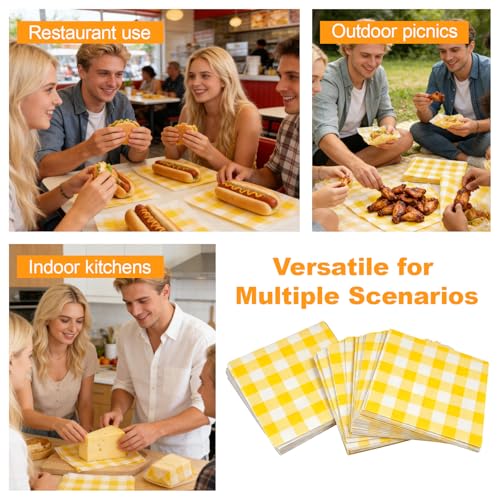 200 Stück Deli Papierblätter, Burger Papier Gitteroptik, Wasserdicht und Öl Burger Tüten, Umweltfreundliches Backpapier, Gelb Kariert Wrap Papier, für Lebensmittel Sandwich, Pommes, 15x15 und 18x18